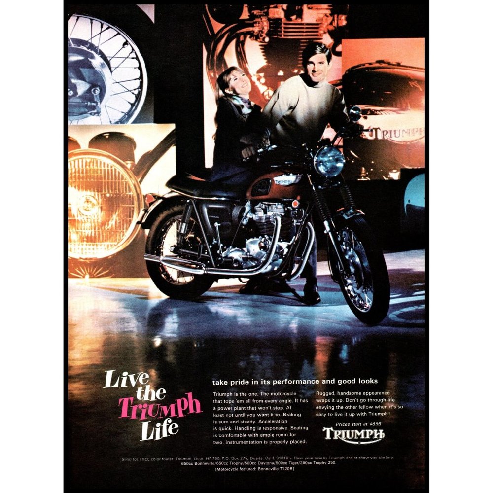 1968 Triumph Bonneville T120R Motorcycle VIntage Print Ad Couple Sweater Decor